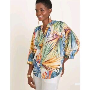 Chico's Blouse Tropical Palm Multicolor Plus Size 3/16-18 Popover Satin 3/4 Slv